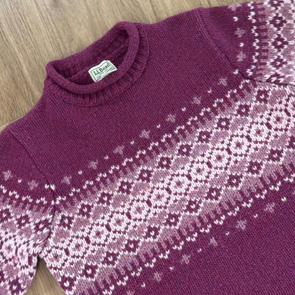 LL Bean Womens XS Red Wool Fair Isle Chunky Knit Roll neck Sweater Pullover